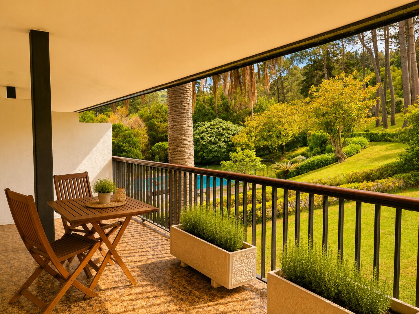 A balcony with a wooden table and chairs, potted plants, and a view of a landscaped garden.