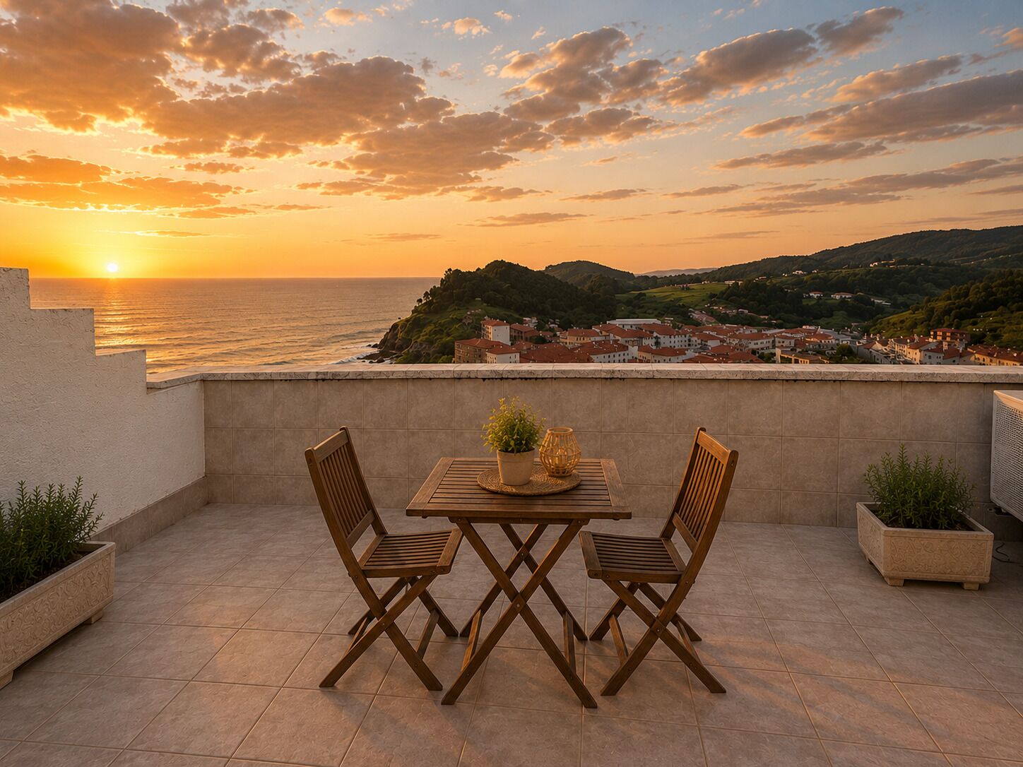 Una terraza con mesa y sillas, con vistas a un pueblo costero al atardecer.