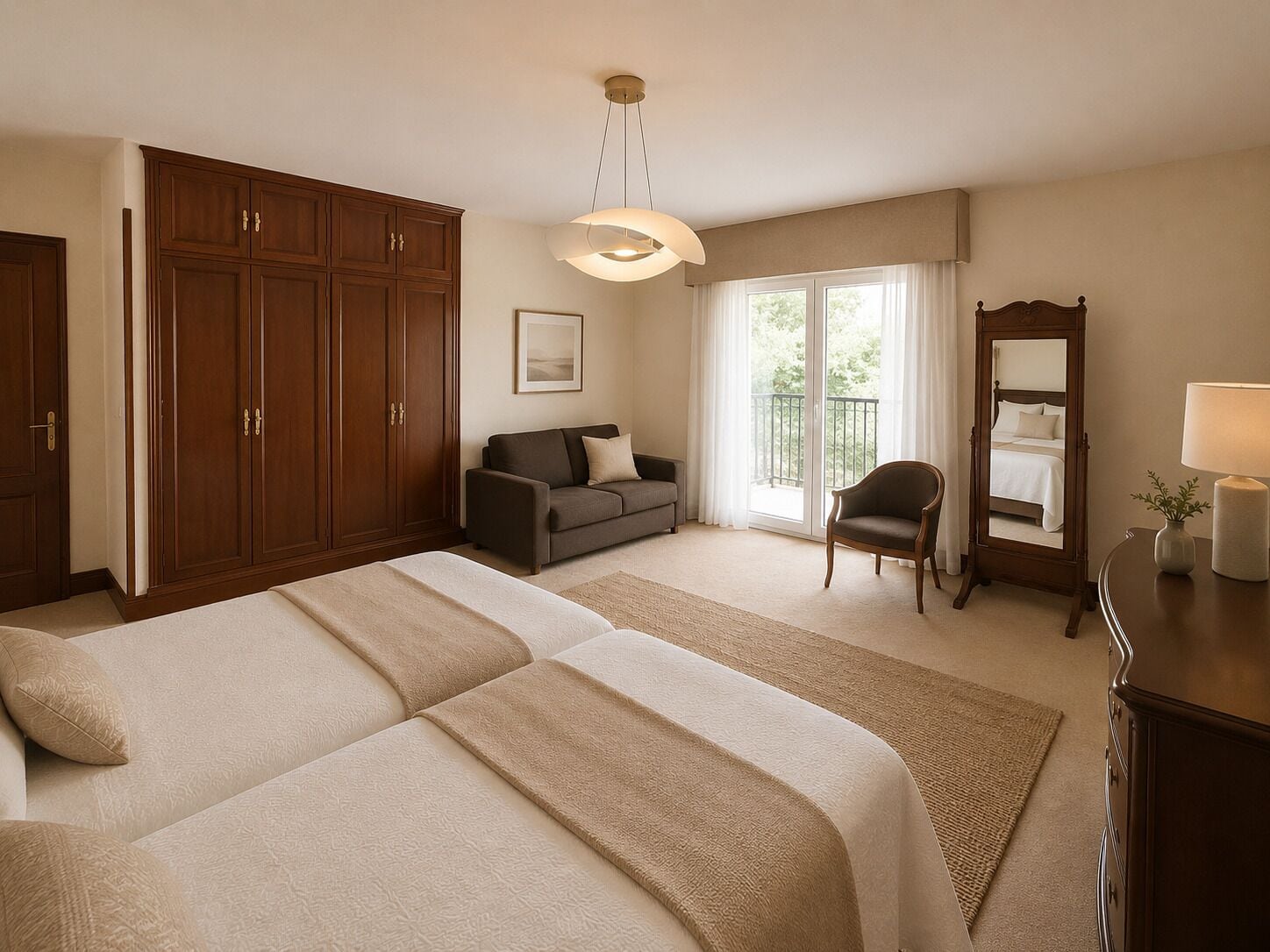 A hotel room with a large bed, a sofa, a chair, a dresser, a mirror, and a balcony with curtains.