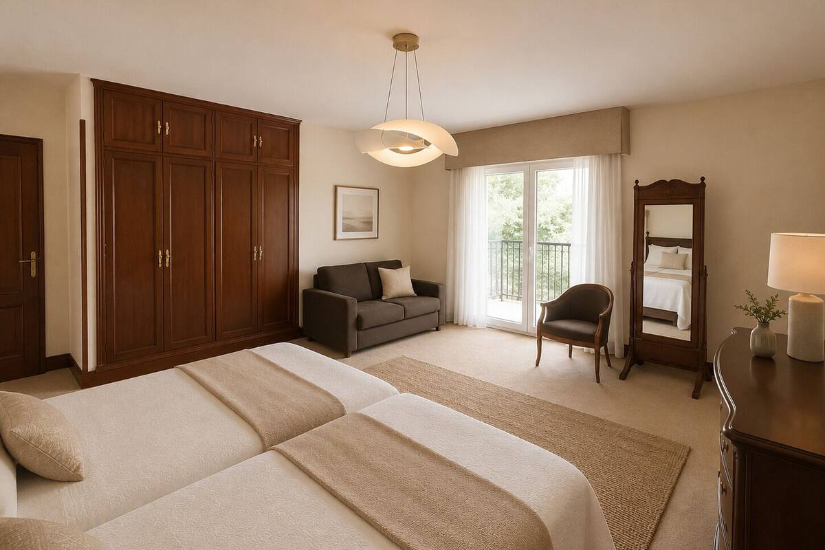 A hotel room with a large bed, a sofa, a chair, a dresser, a mirror, and a balcony with curtains.