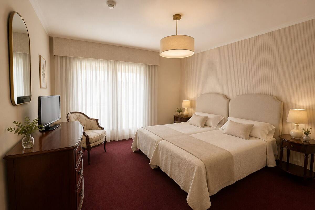 A hotel room with a large bed, a desk with a TV, a chair, and a lamp.