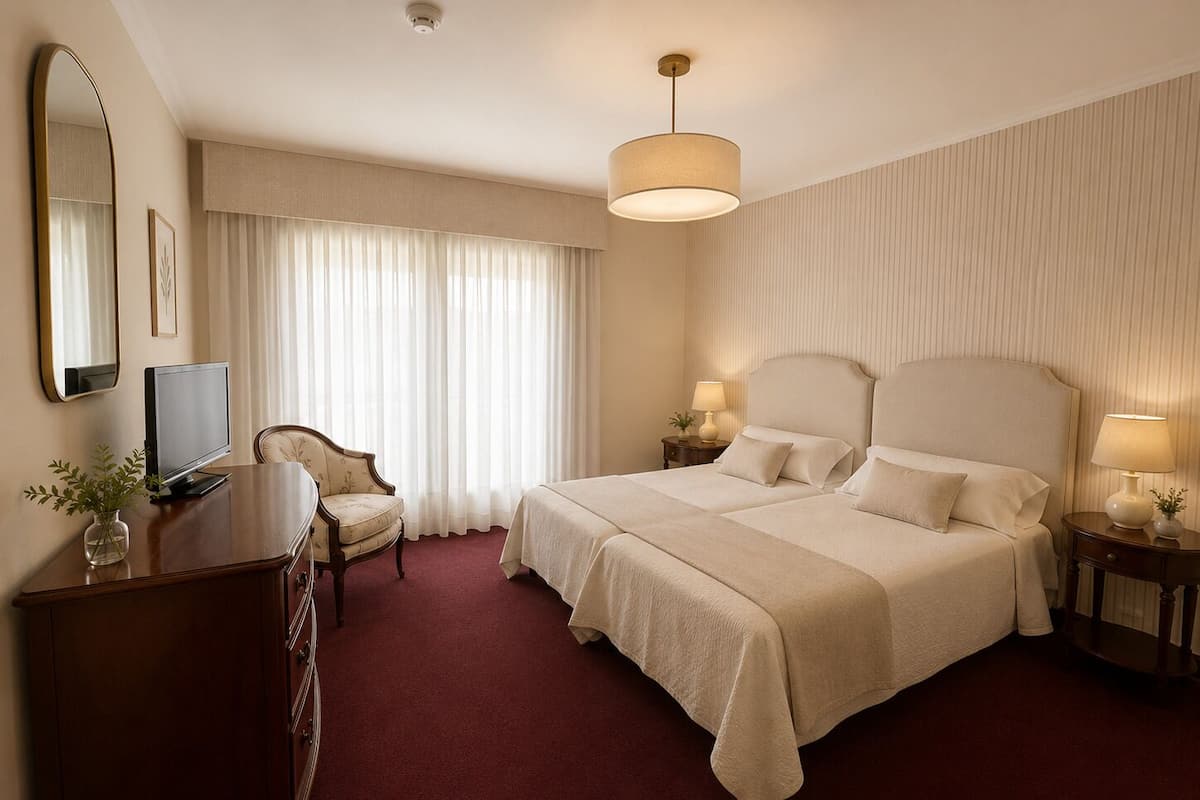 A hotel room with a large bed, a desk with a TV, a chair, and a lamp.