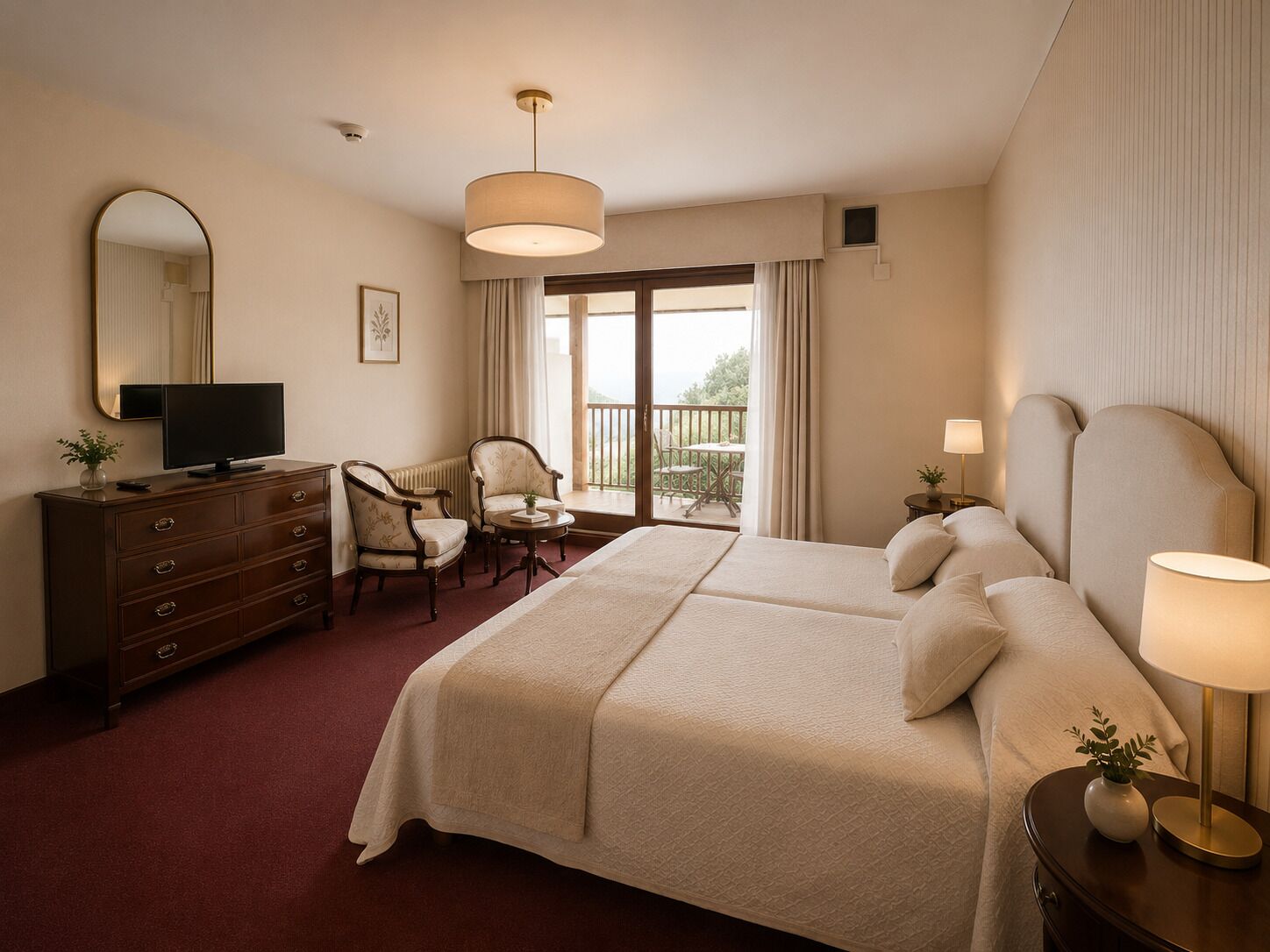 Quarto de hotel com cama, penteadeira, televisão, duas cadeiras, varanda com vista e um espelho grande.