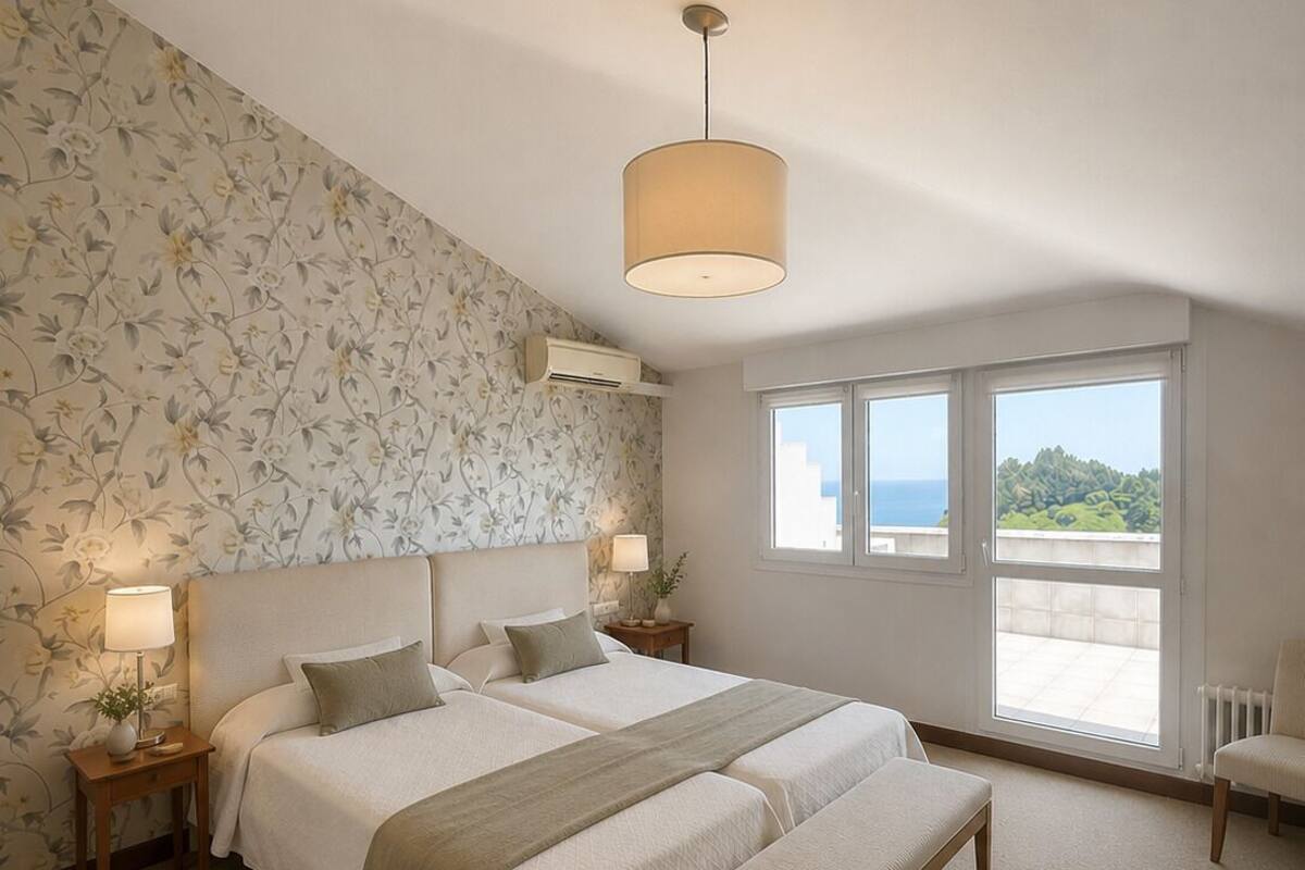 A bedroom with a large bed, two bedside tables, a bench, a hanging light fixture, and a view through a window.
