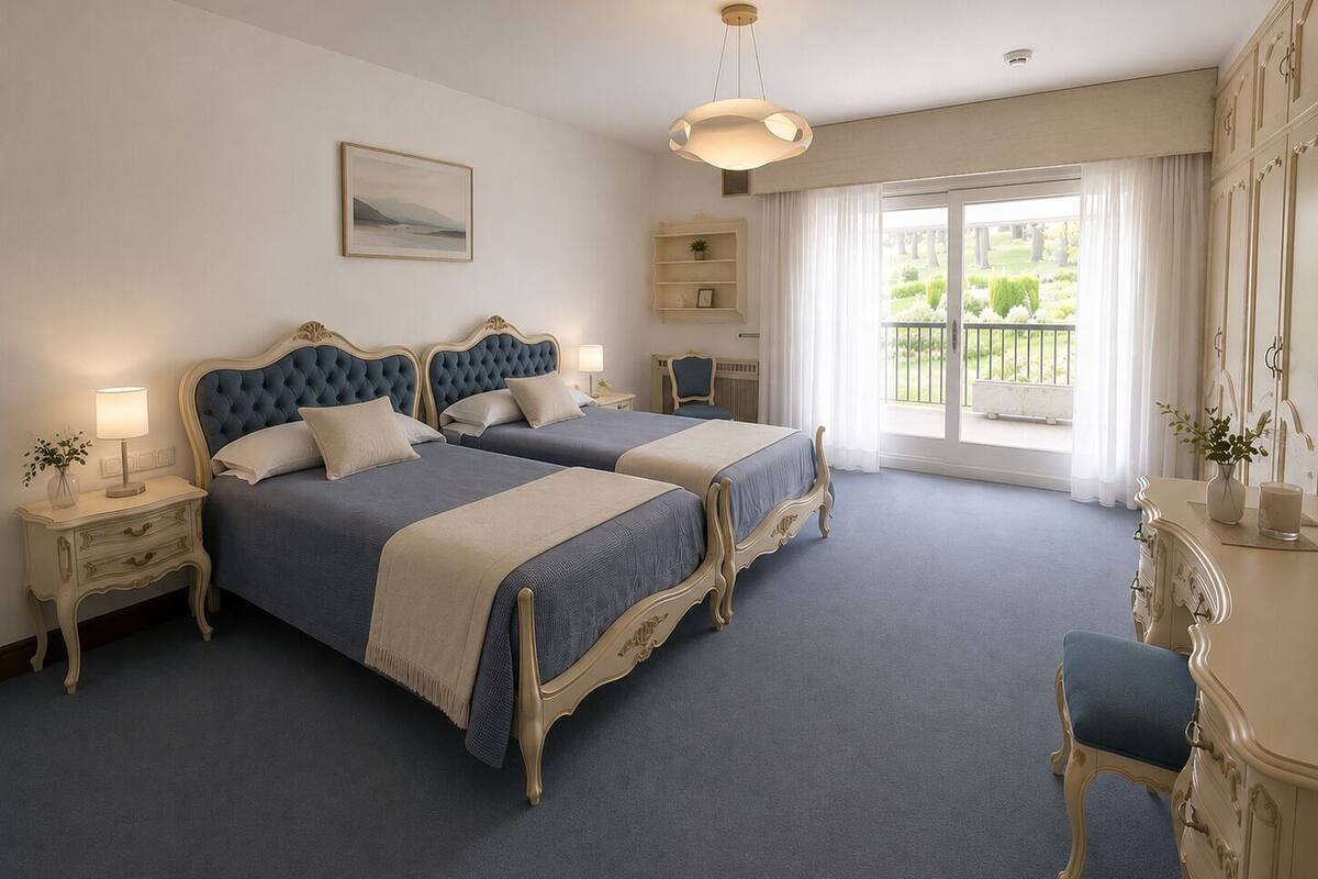 A double bed with a tufted headboard, a bedside table with a lamp, a chair, and a view of a balcony.
