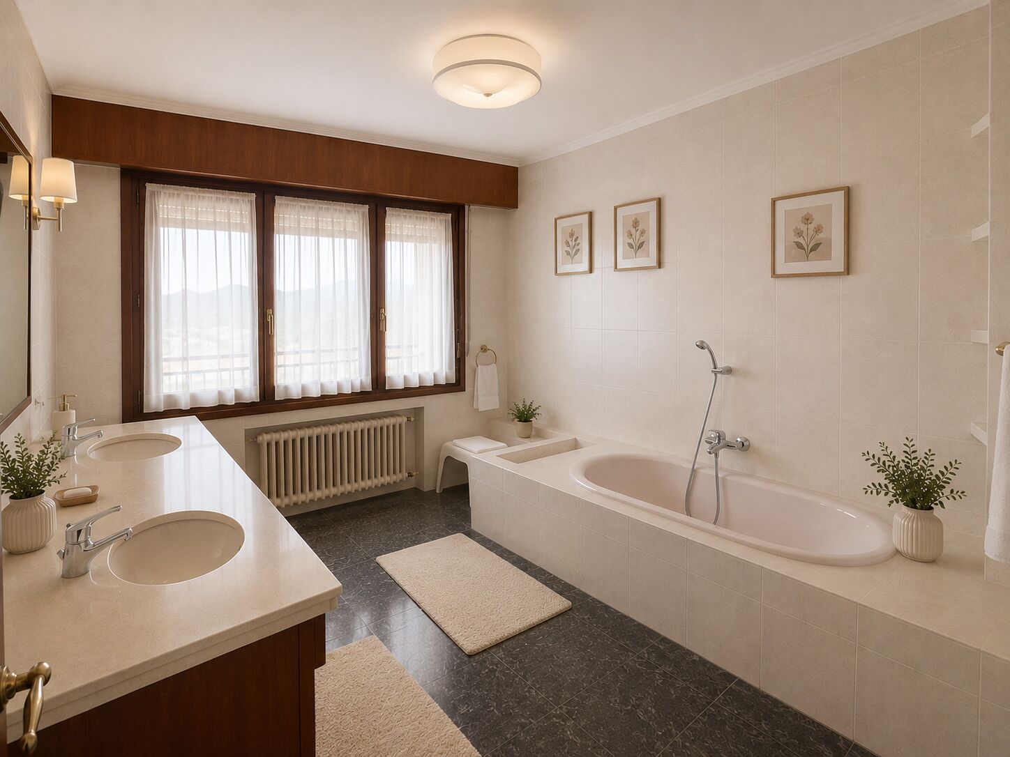 A modern bathroom with two sinks, a bathtub, a radiator, and framed pictures on the wall.