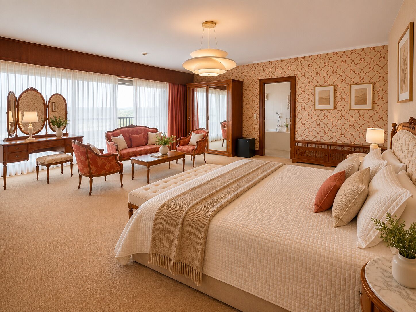 Quarto de hotel com uma cama grande, área de estar com sofá e cadeiras, escrivaninha com espelho e banheiro visível através de uma porta aberta.