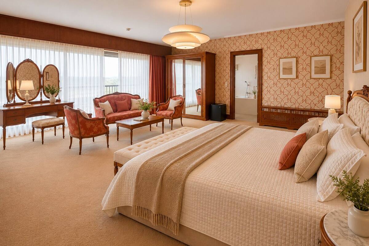 A hotel room with a large bed, a sitting area with a sofa and chairs, a desk with a mirror, and a bathroom visible through an open door.