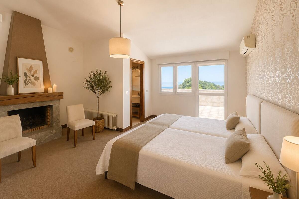 A bedroom with a fireplace, two beds, a sitting area, and a view of the outdoors.