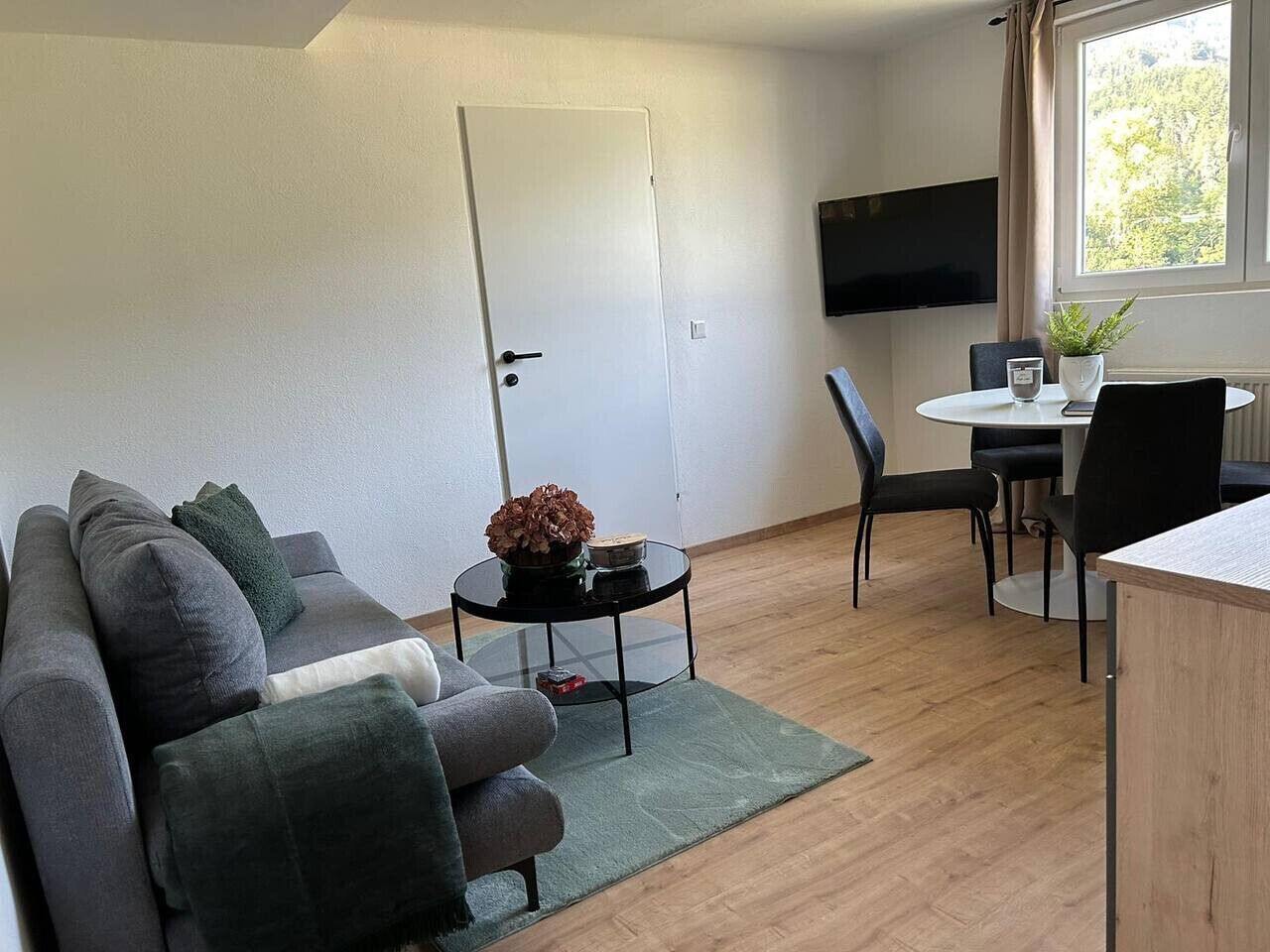 A modern living room with a sofa, a small round table with a plant, a dining area with chairs, and a TV mounted on the wall.