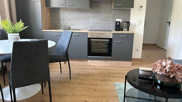 A modern kitchen with grey cabinets, a built-in oven, and a dining area with a round table and chairs. - FarawayHomes Studio Leoben #P72 (Donawitz)
