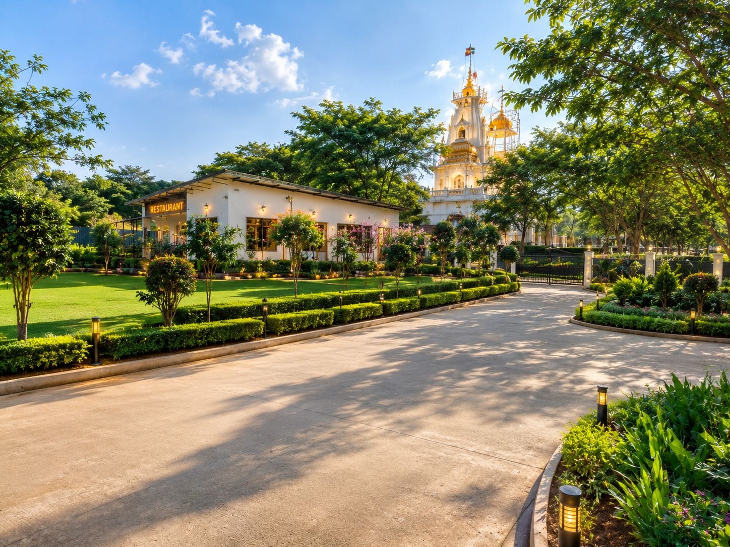 A hotel with a restaurant, manicured garden, and a prominent building with golden domes in the background.