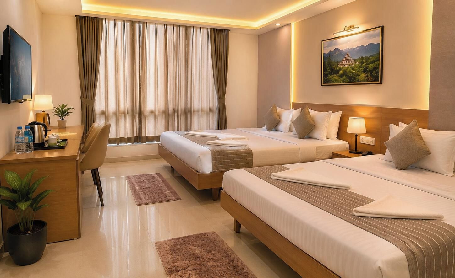 A hotel room with two beds, a desk, a chair, a TV, and a painting on the wall.