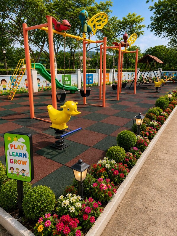 A playground with swings, slides, and a duck-shaped seesaw. - The Purple Mango - Pure Veg (Lonavala)