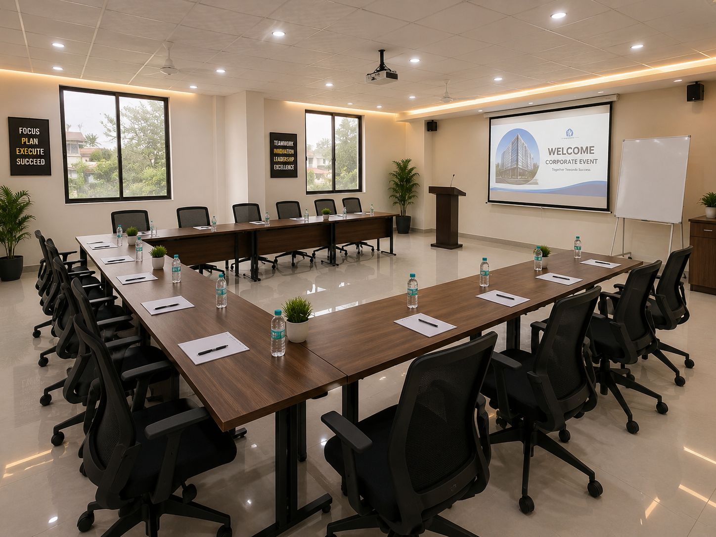 A conference room with a long table, chairs, a podium, and a projector screen.