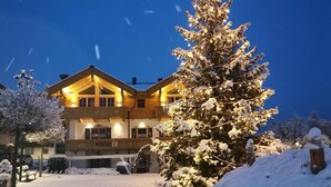 En stor byggnad med flera våningar och en symmetrisk fasad, en snötäckt gräsmatta och ett framträdande, vintergrönt träd.