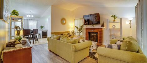 TV, fireplace, books
