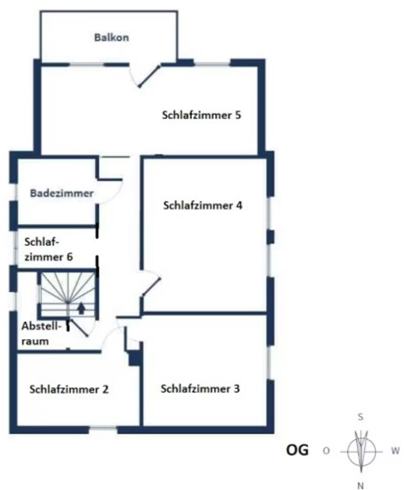 A floor plan with a balcony, six bedrooms, a bathroom, and an office space.