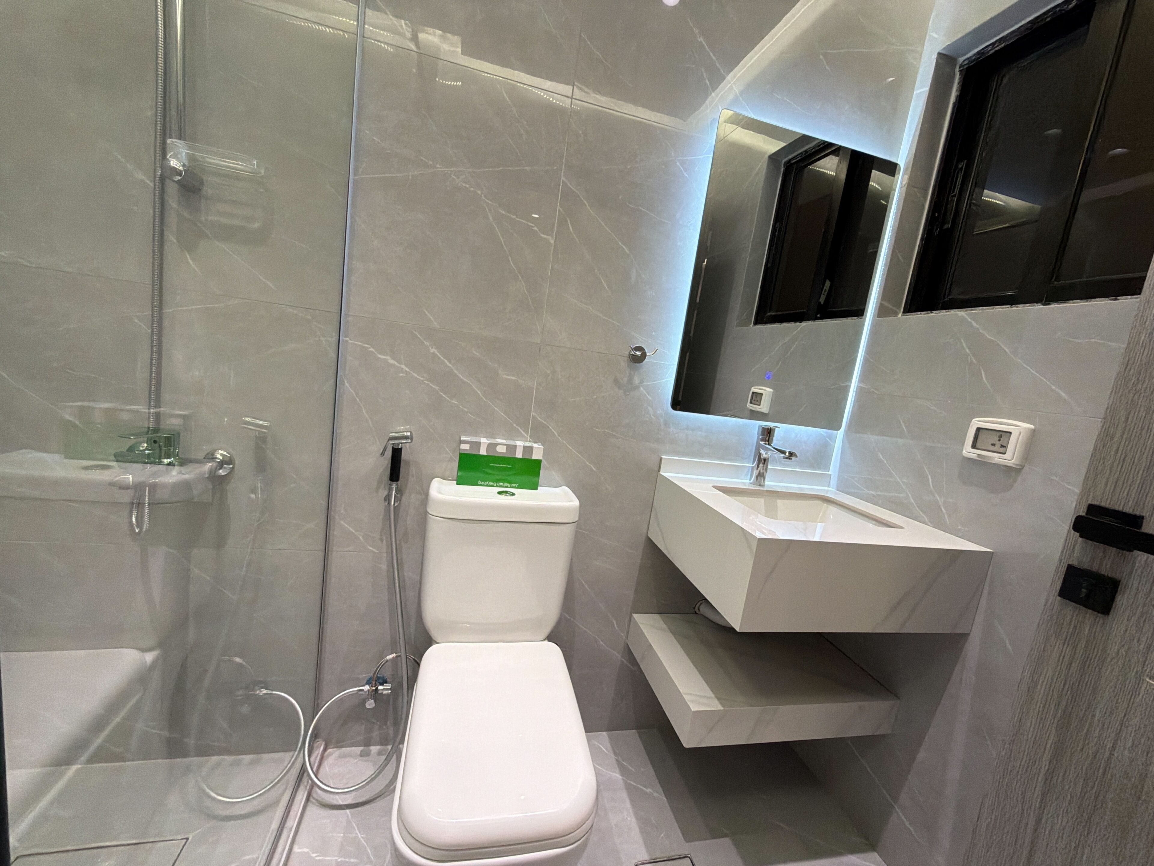 A modern bathroom with a glass-enclosed shower, a toilet, a sink, and a mirror.