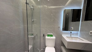 Ein modernes Badezimmer mit einer Duschkabine, einer weißen Toilette und einem Waschbecken mit Spiegel darüber.