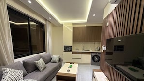 Ein modernes Wohnzimmer mit grauem Sofa, Couchtisch, Fernseher und Küchenzeile mit Waschmaschine.