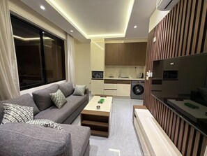 Ein modernes Wohnzimmer mit grauem Sofa, Couchtisch, Fernseher und Küchenzeile mit Waschmaschine.