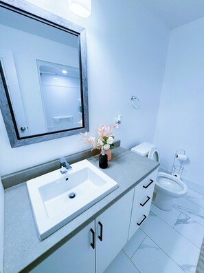 A modern bathroom with a white sink, mirror, and toilet. - Luxury 3-Bedroom Full House Near Magnetic Hill (Moncton)