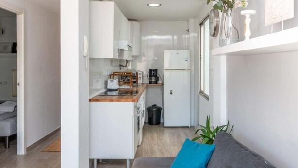 A compact living space with a kitchenette, a sofa with a blue pillow, and a potted plant. - In the centre and near the beach (Fuengirola)