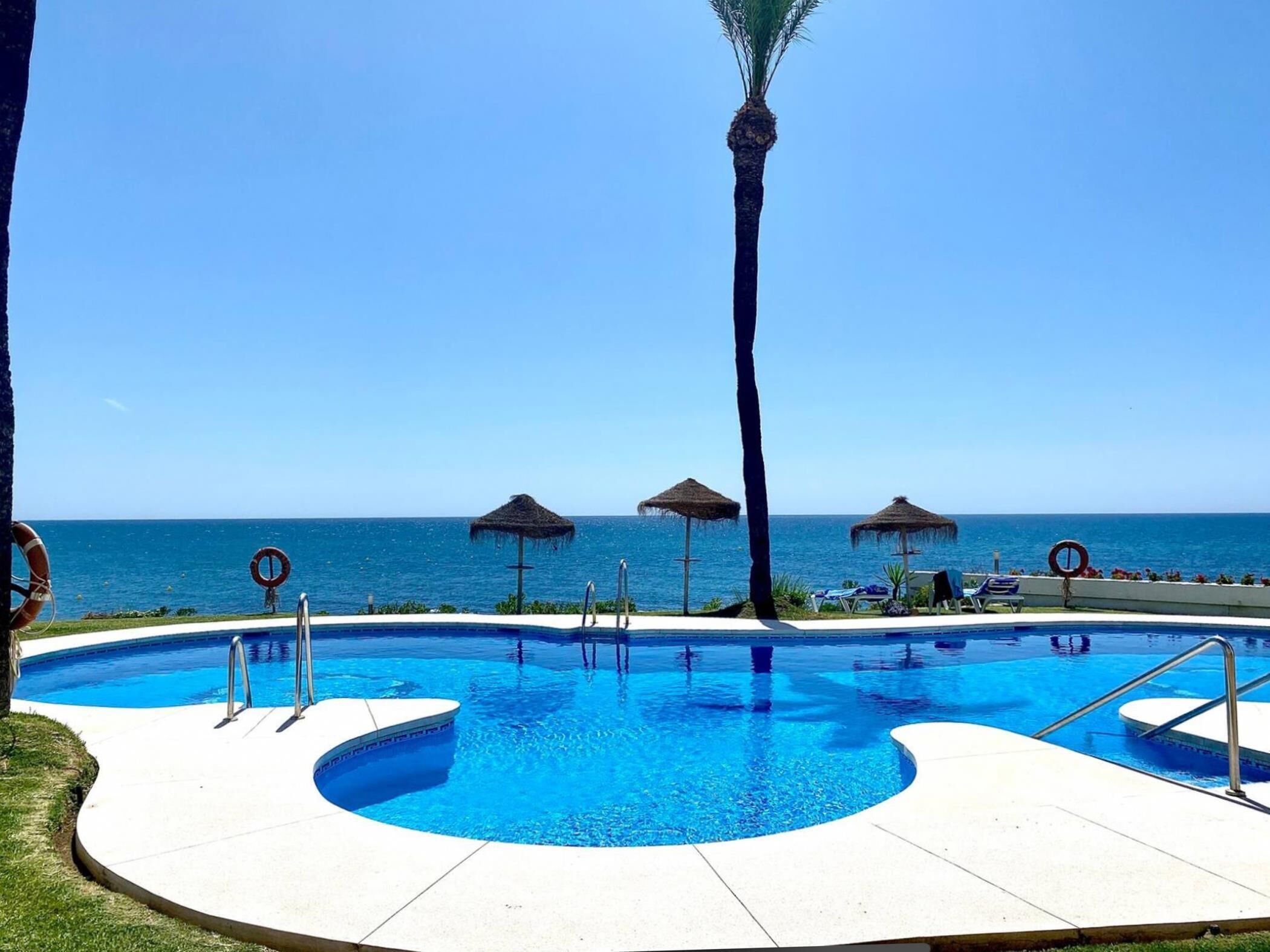 A swimming pool with a curved edge, surrounded by palm trees and beach umbrellas, with the ocean in the background.