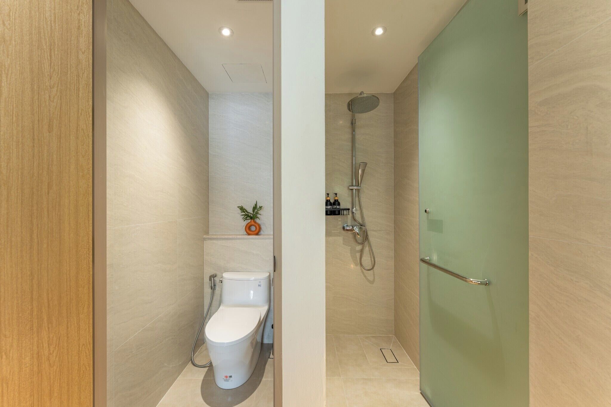 A modern bathroom with a toilet, shower, and a green door.
