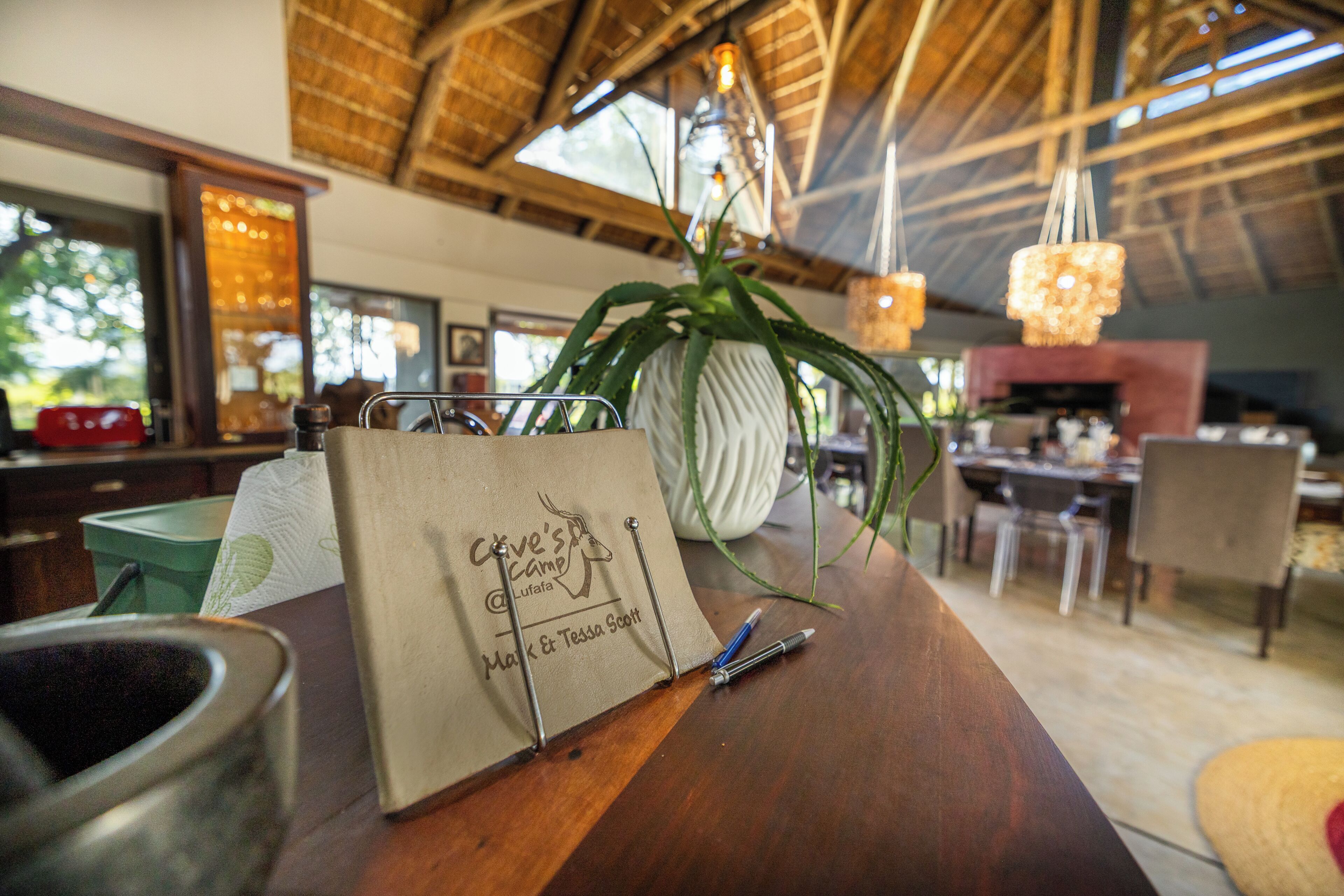A wooden table with a paper bag, a potted plant, and a pen.
