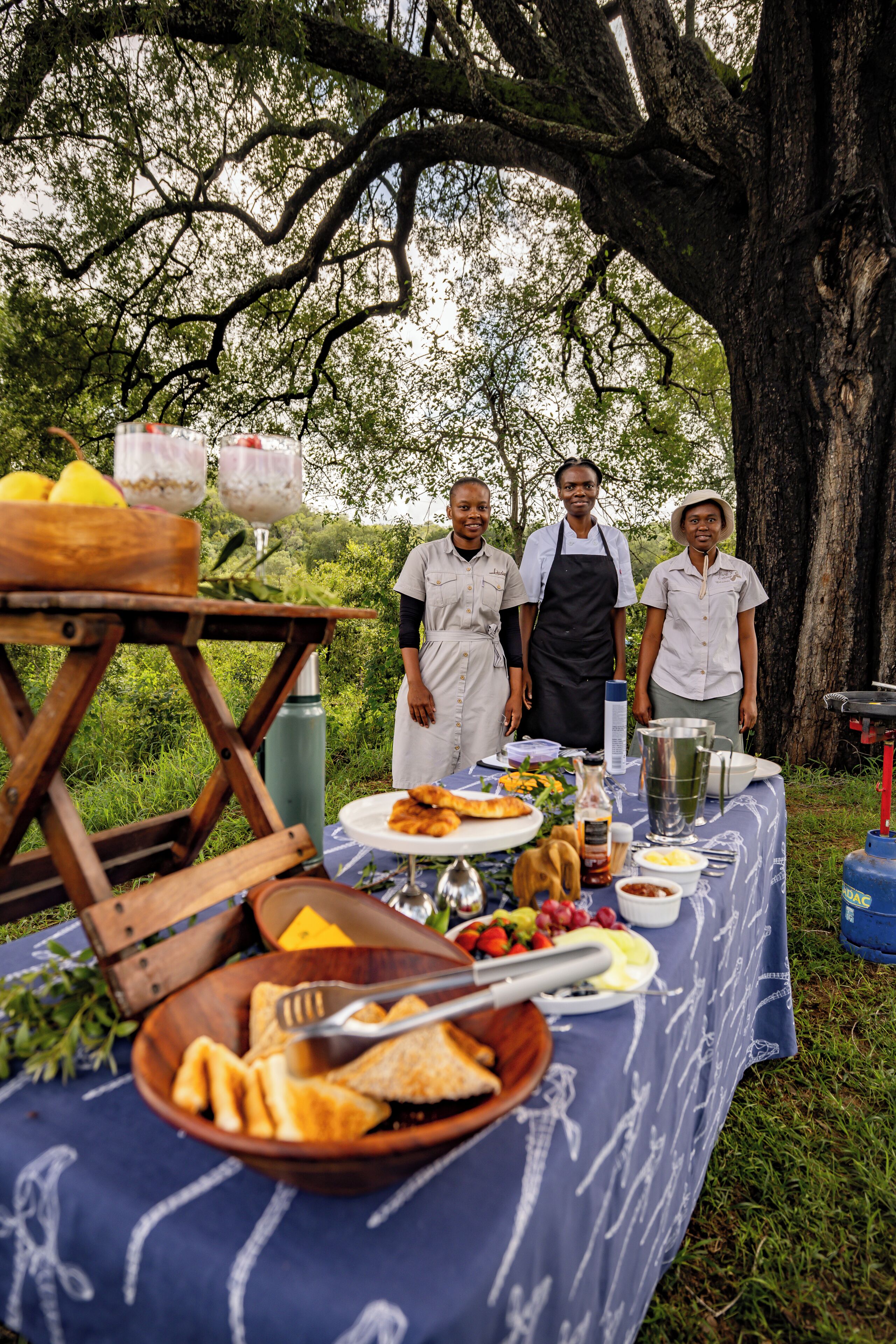 Een tafel buiten gedekt met eten en drinken, omringd door bomen.