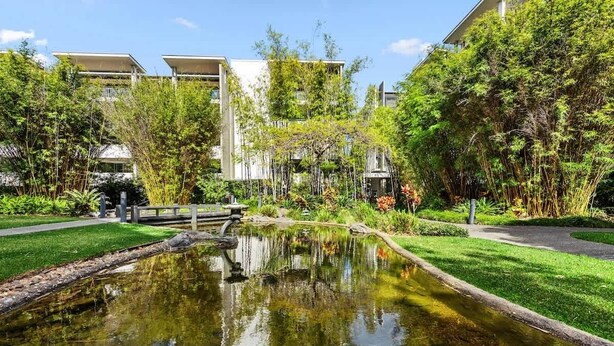 Un jardín tranquilo con un estanque, abundante vegetación y edificios modernos al fondo.