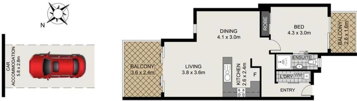 A hotel layout with a balcony, dining, living, and bedroom areas.