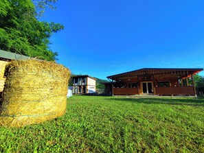 Paisaje rural con un heno, un edificio de madera y un cielo azul despejado.