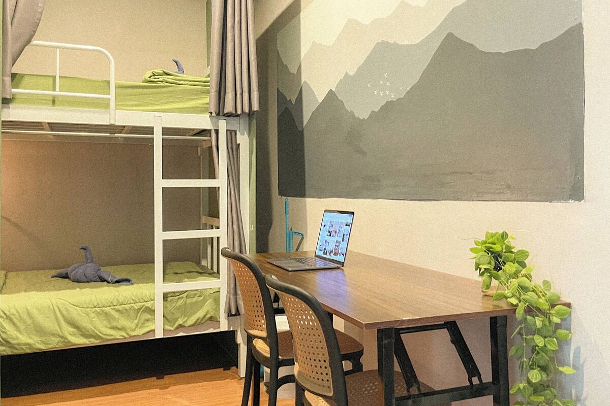 Una cama litera con una computadora portátil sobre un escritorio, una planta y un mural de montañas.