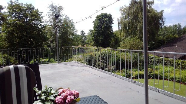 A balcony with a metal railing, a chair, and a potted plant with pink flowers. - Vacation apartment on the North Sea - Holtgast (East Frisia) (Holtgast)