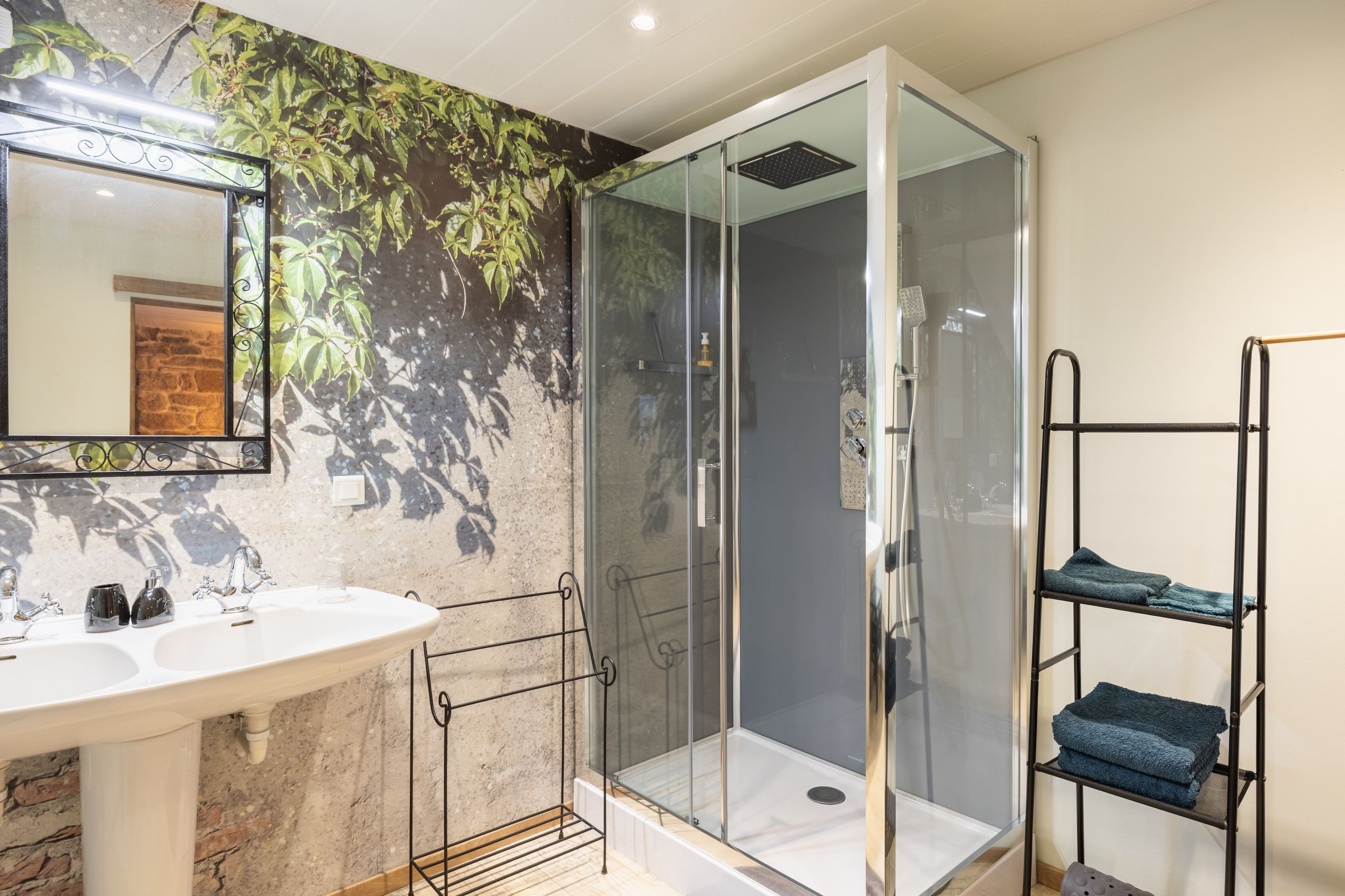 Une salle de bain avec une douche à parois de verre, un lavabo blanc et un porte-serviettes.