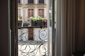 A view through a door with a metal balcony railing and flower boxes.