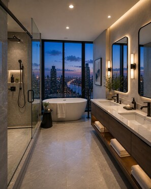 A modern bathroom with a bathtub, a shower, and a vanity with a large mirror. - Sunway Pyramid by Resort Suites (Petaling Jaya)