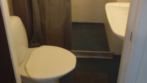Un baño con inodoro, zona de ducha y cortina.