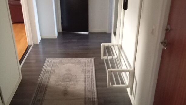 Un pasillo con alfombra estampada, un perchero y una puerta.