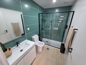 A modern bathroom with a glass shower enclosure, a white sink, and a toilet. - Quarto Suite Hope Vista Jardim (Coimbra)