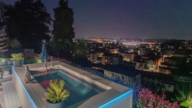 A rooftop pool with a city view, surrounded by potted plants and a wooden deck.