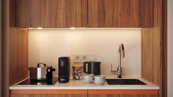 Mini-fridge, espresso maker, electric kettle