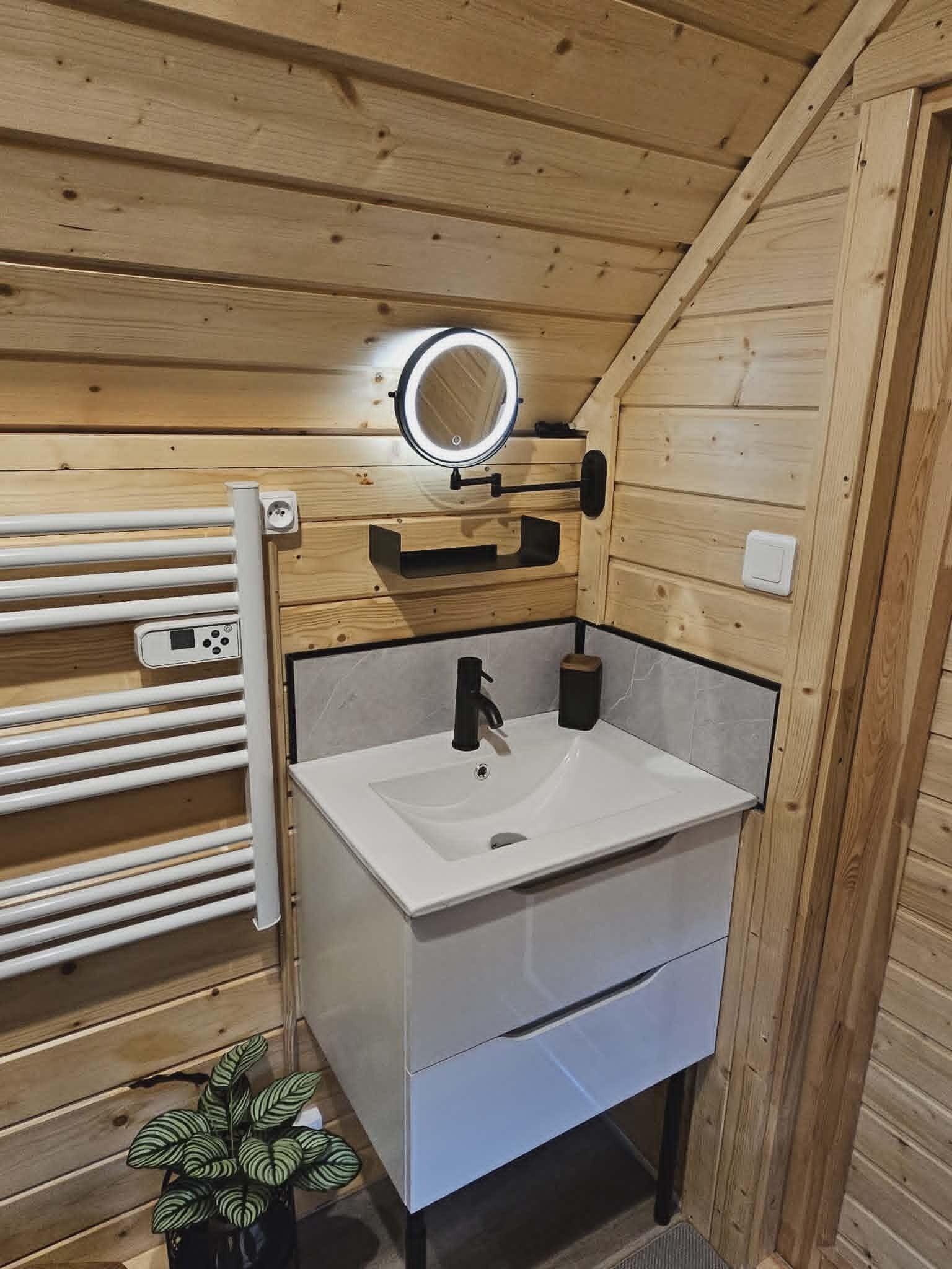 A compact bathroom with a white sink, a mirror, a towel rack, and a small potted plant.
