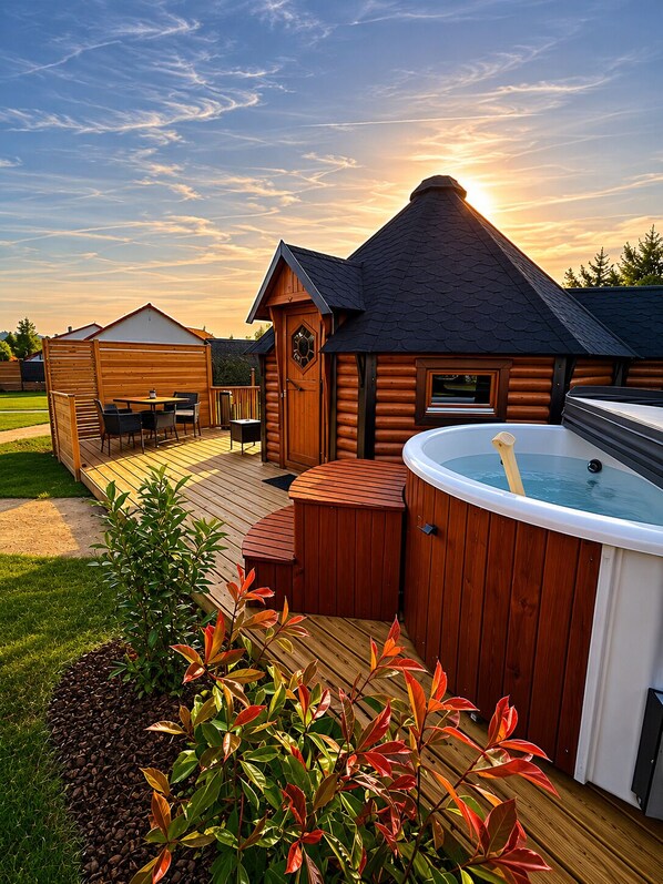 En træhytte med jacuzzi, terrasse og udendørs siddeplads.