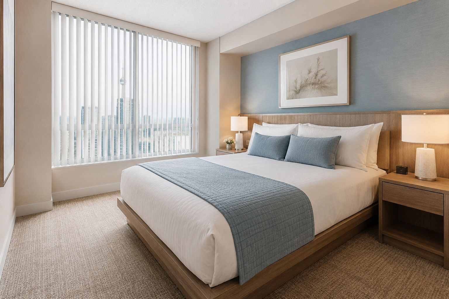 A hotel room with a large bed, two bedside tables, a window with blinds, a framed artwork on the wall, and a city view.
