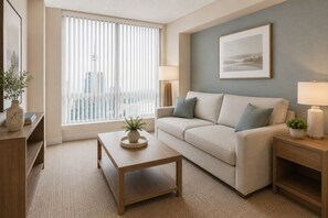 A modern living room with a sofa, coffee table, and lamps. - The Aeris Suites (Toronto)