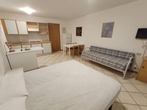 Une pièce compacte comprenant un lit, un canapé, un petit bureau, un coin cuisine et un téléviseur.